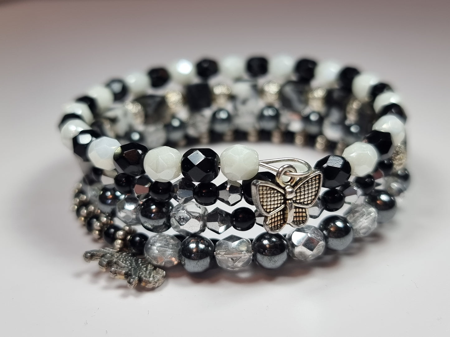 Black and White Memory Wire Stack Bracelet | Butterfly and Elephant Charms | Handmade Multi-Strand Bracelet
