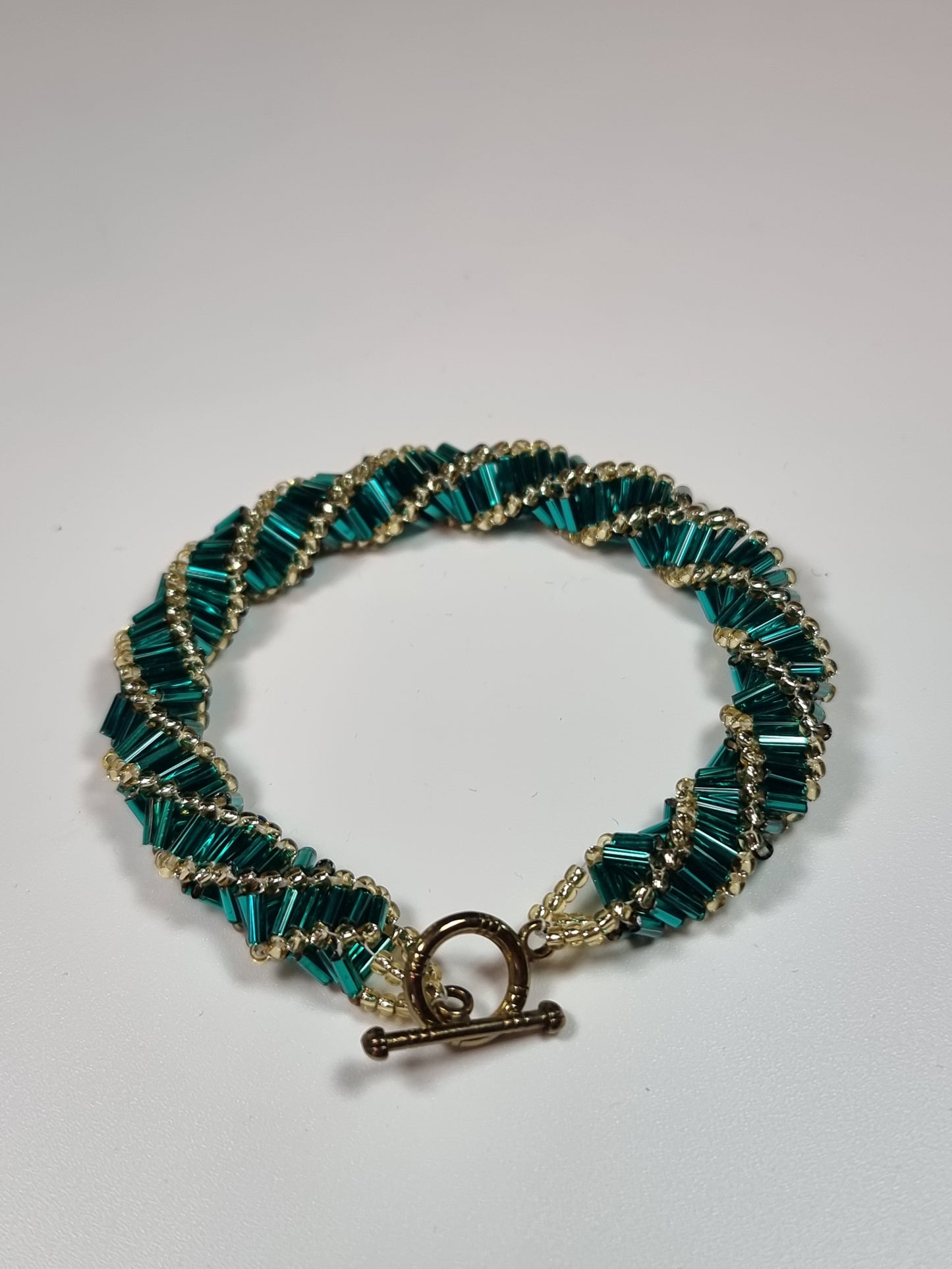 Art Deco Beaded Bracelet | Teal and Gold Woven Bracelet | Bugle Bead Bracelet | 1920s Inspired | Handmade Statement Bracelet