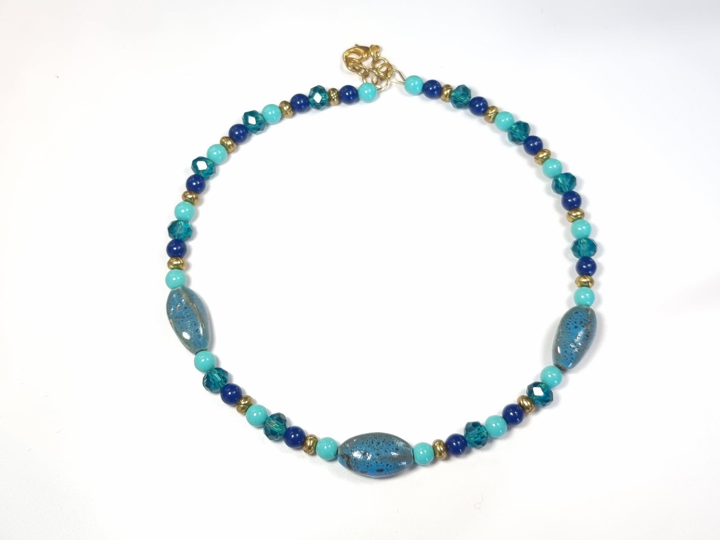 Blue Ceramic and Crystal Beaded Necklace | Turquoise Cobalt and Teal | Memory Wire | Gold Lobster Clasp | Handmade