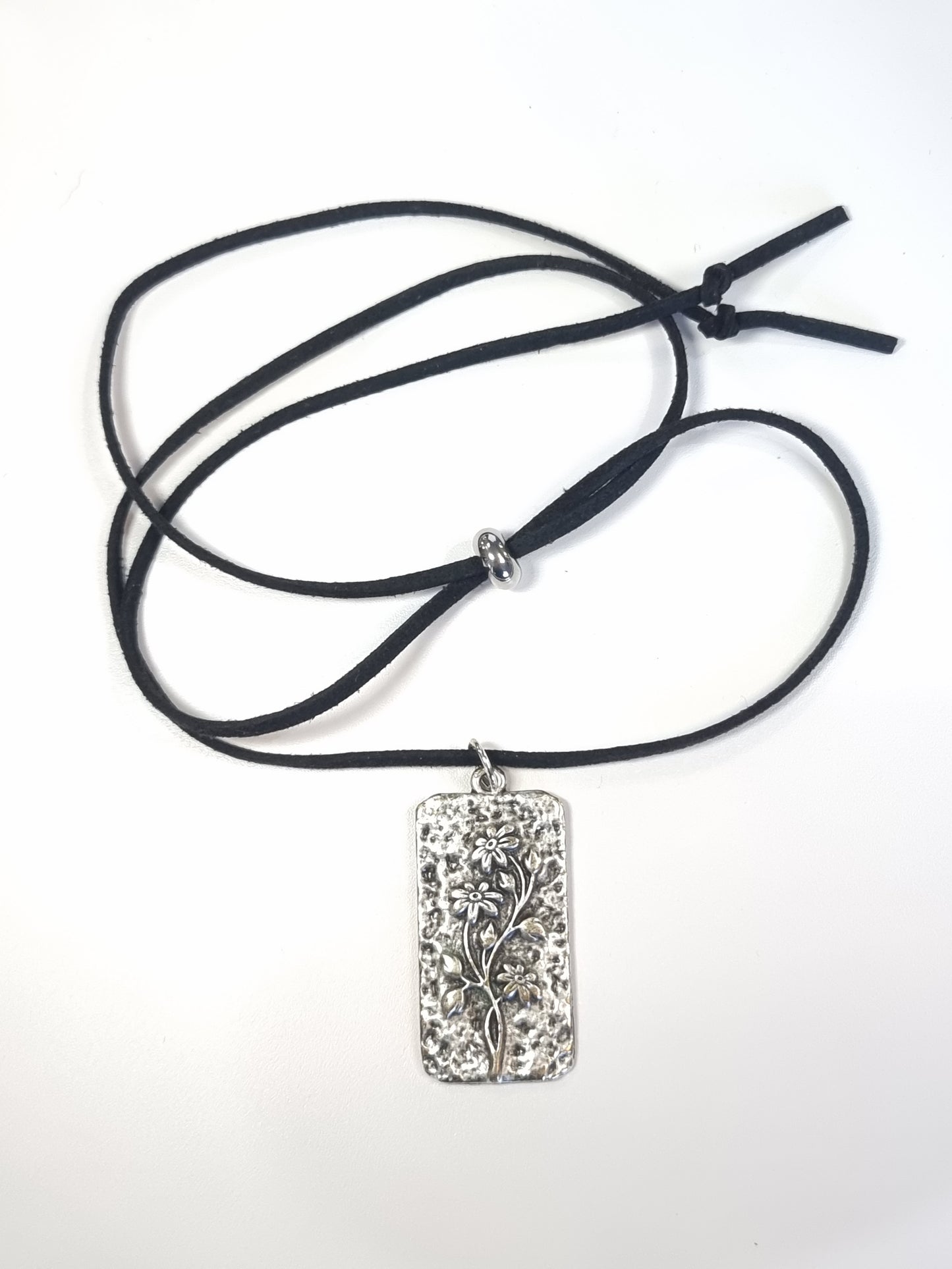 Antique Silver Floral Pendant Necklace | Adjustable Black Cord | Hammered Rectangle | Handmade Boho Necklace