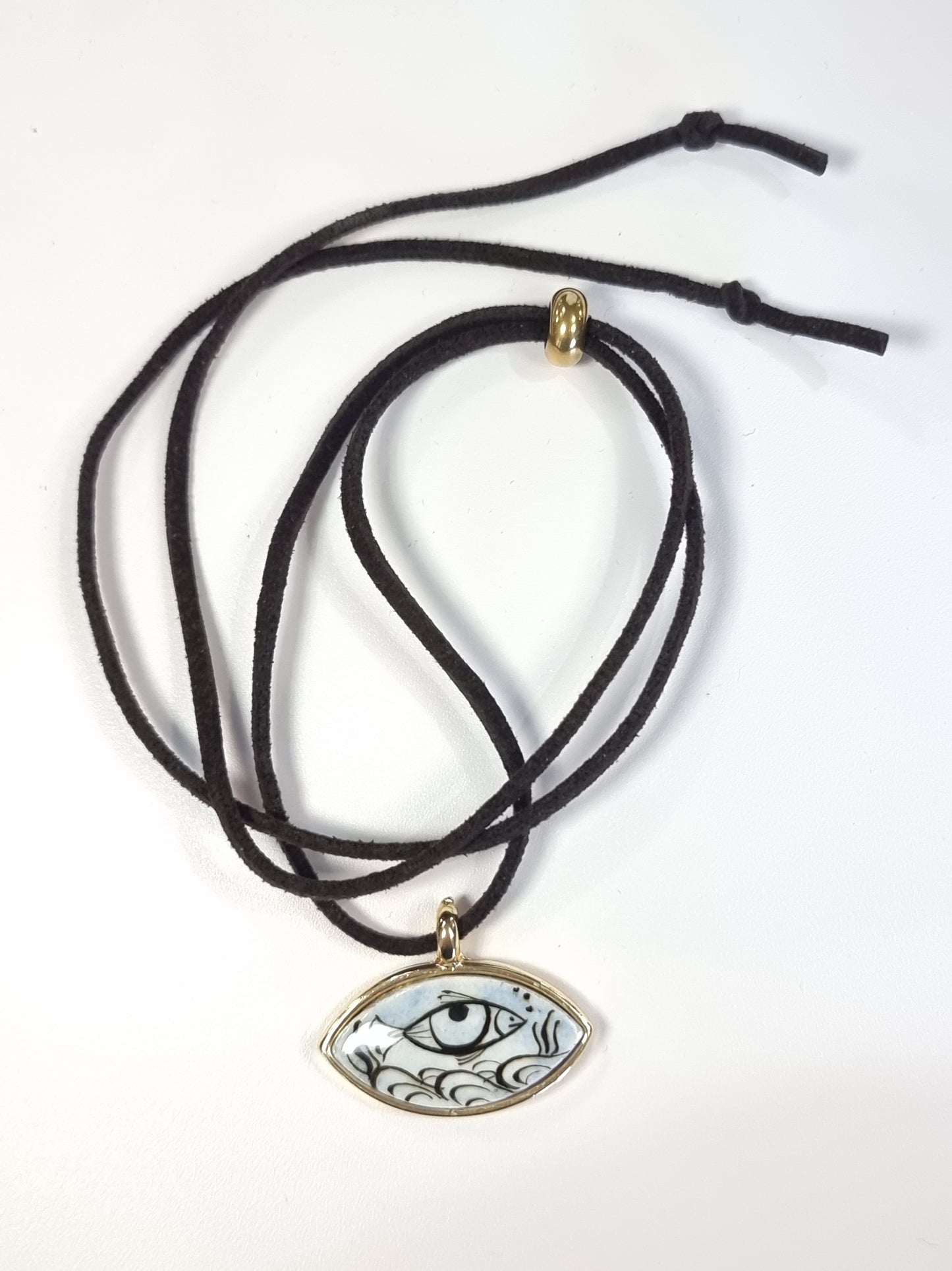 Hand Painted Evil Eye Pendant Necklace | 24kt Gold Plated | Ceramic | Adjustable Dark Cord | Handmade Boho Necklace