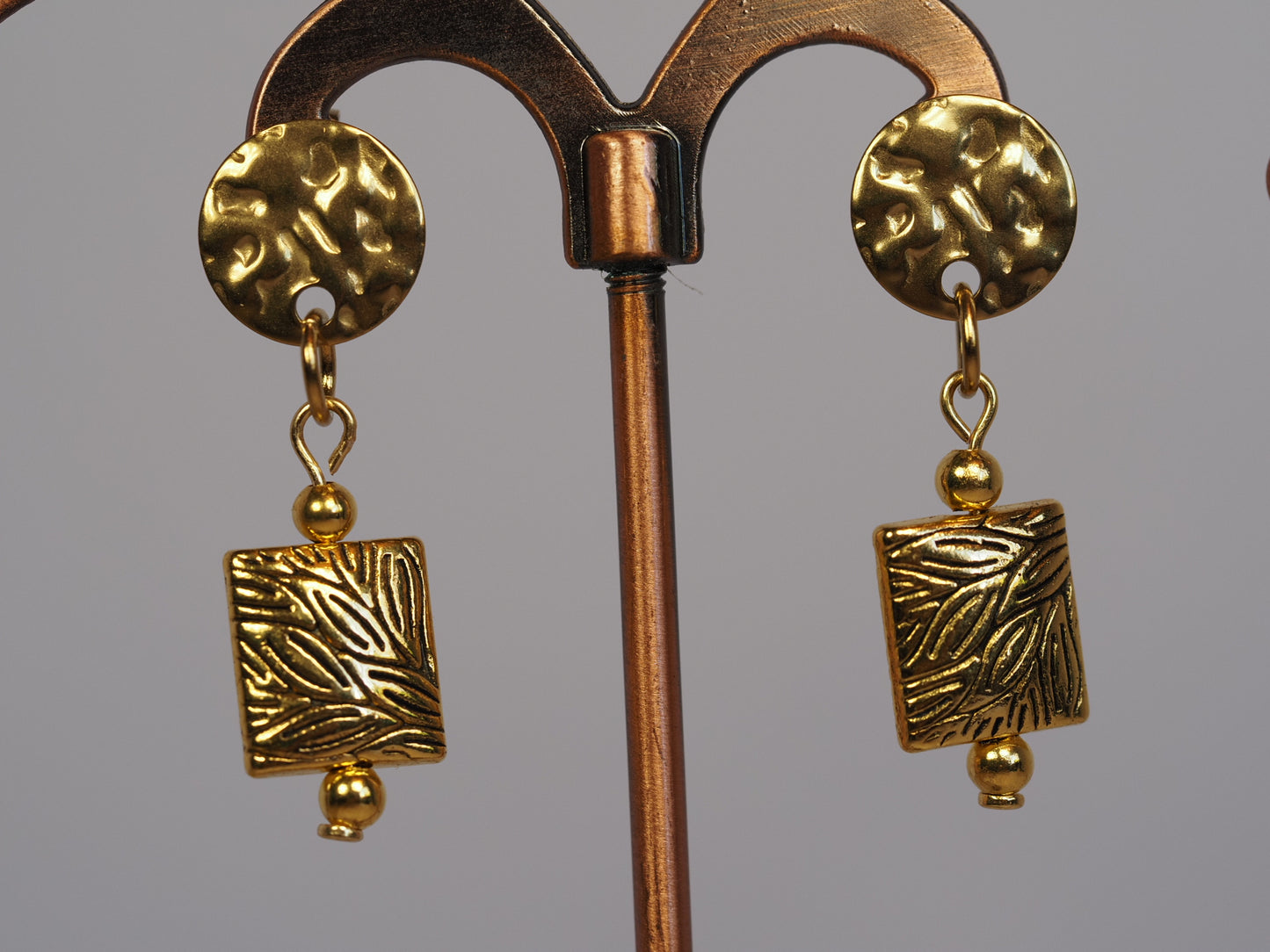 Gold Tibetan Square Drop Earrings | Hammered Brass Stud | Gold Plated | Handmade Statement Earrings