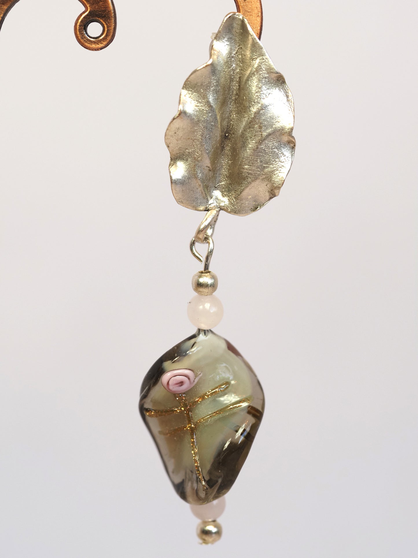 Silver Leaf and Lampwork Glass Drop Earrings | Gold Sand Murano Style | Antique Silver Brass | Handmade Artisan Earrings