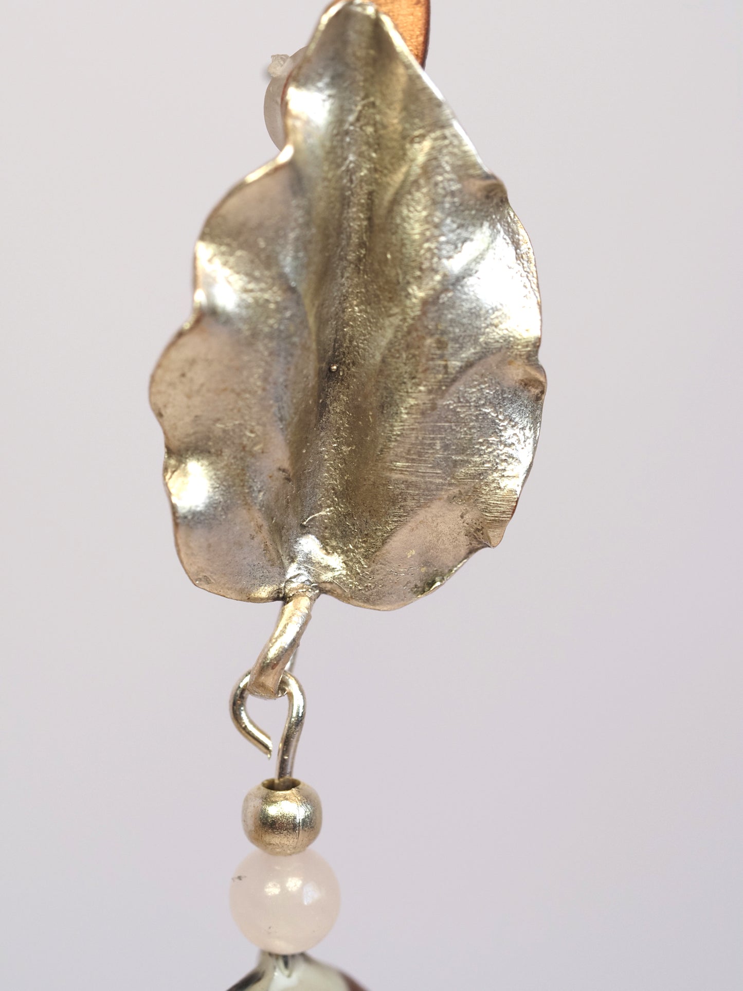 Silver Leaf and Lampwork Glass Drop Earrings | Gold Sand Murano Style | Antique Silver Brass | Handmade Artisan Earrings