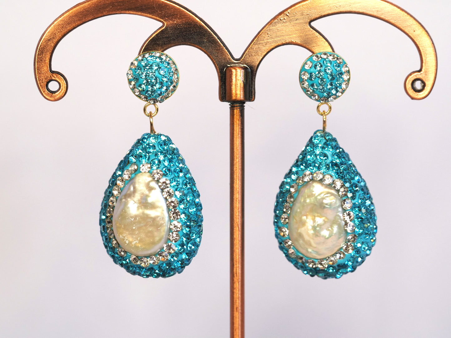 Aqua Teal and Pearl Drop Earrings | Freshwater Cultured Pearl | 925 Gold Plated | Rhinestone Statement Earrings