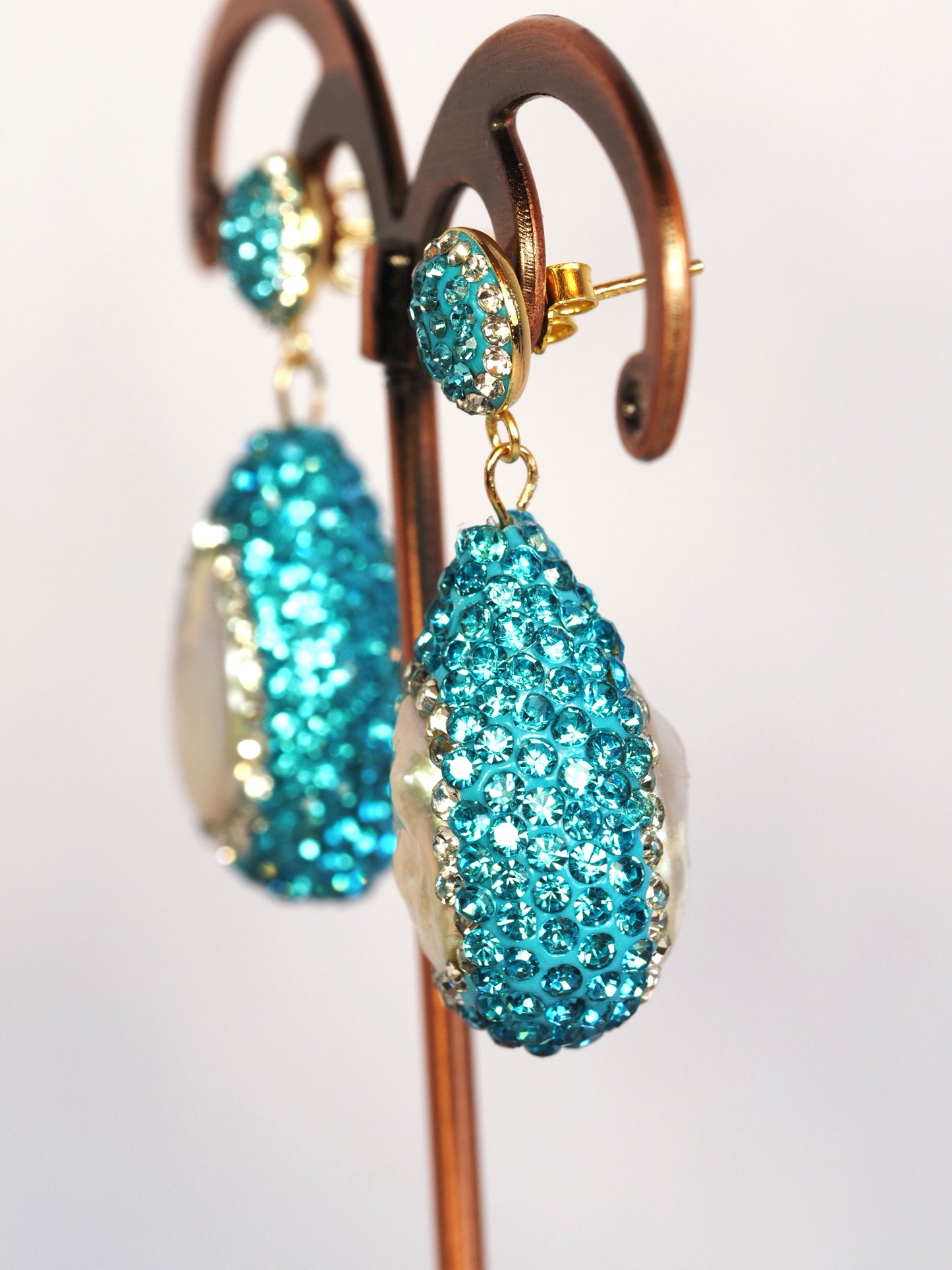 Aqua Teal and Pearl Drop Earrings | Freshwater Cultured Pearl | 925 Gold Plated | Rhinestone Statement Earrings