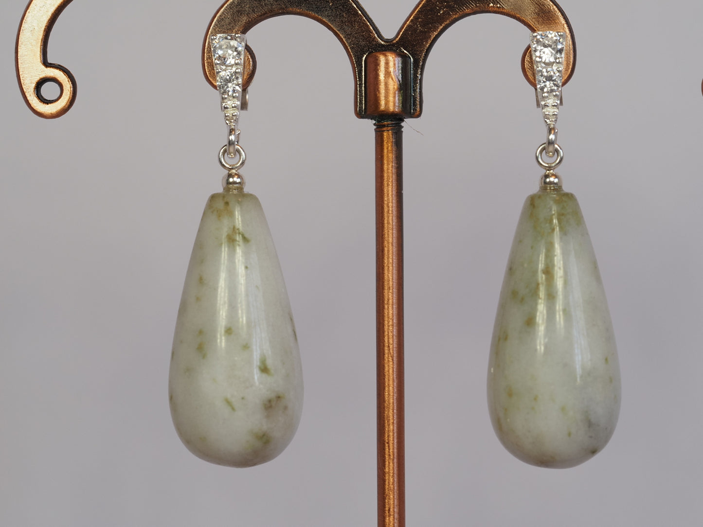 Burmese Jade Drop Earrings | Type A White Jade | Sterling Silver Diamond Stud | Luxury Gemstone Earrings | Handmade