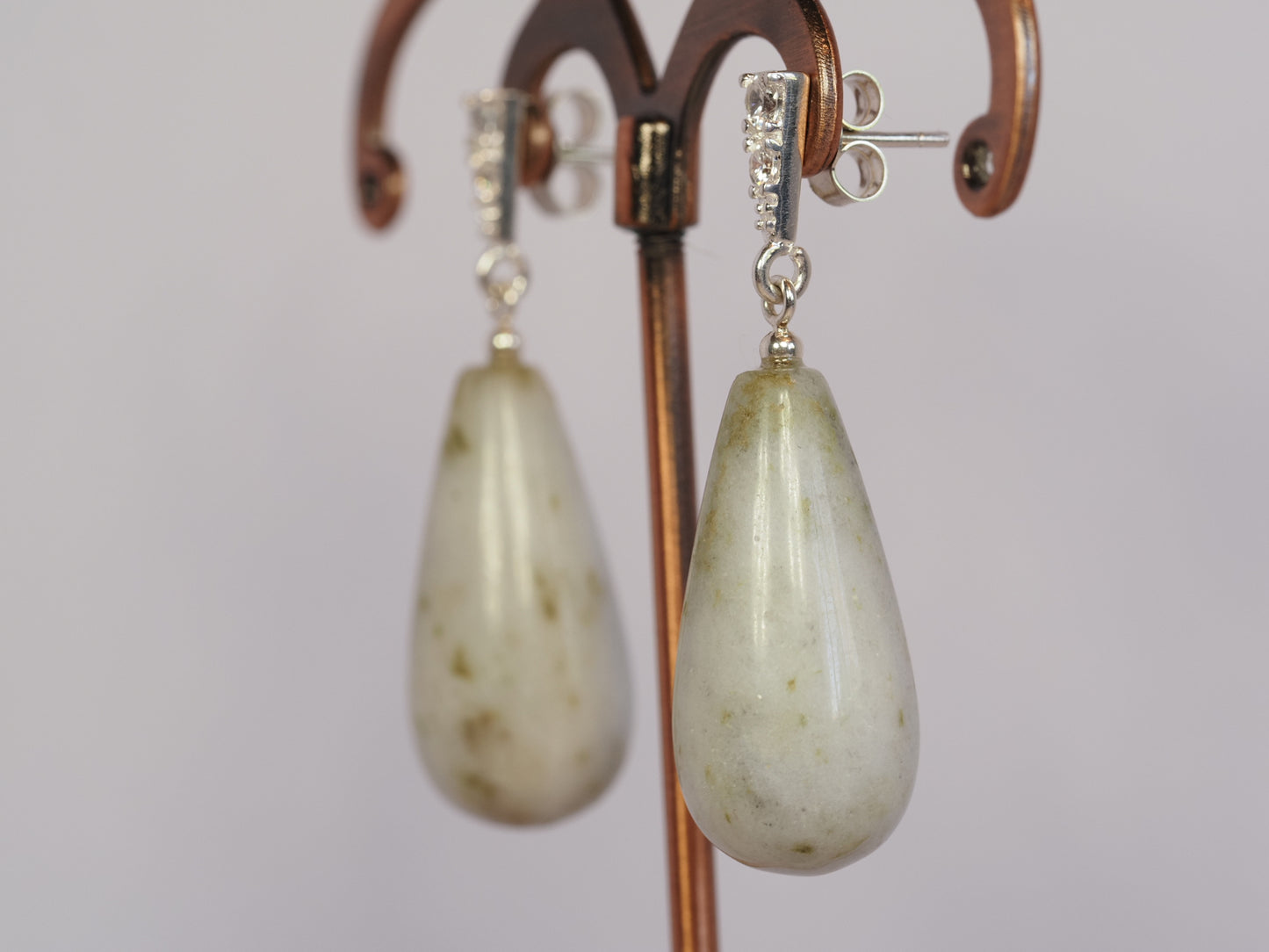 Burmese Jade Drop Earrings | Type A White Jade | Sterling Silver Diamond Stud | Luxury Gemstone Earrings | Handmade