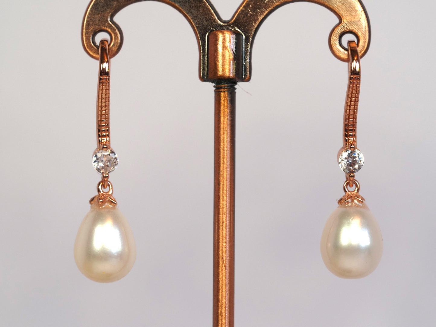 Rose Gold Pearl Drop Earrings | 925 Sterling Silver | Cubic Zirconia and Freshwater Pearl | Bridal Earrings