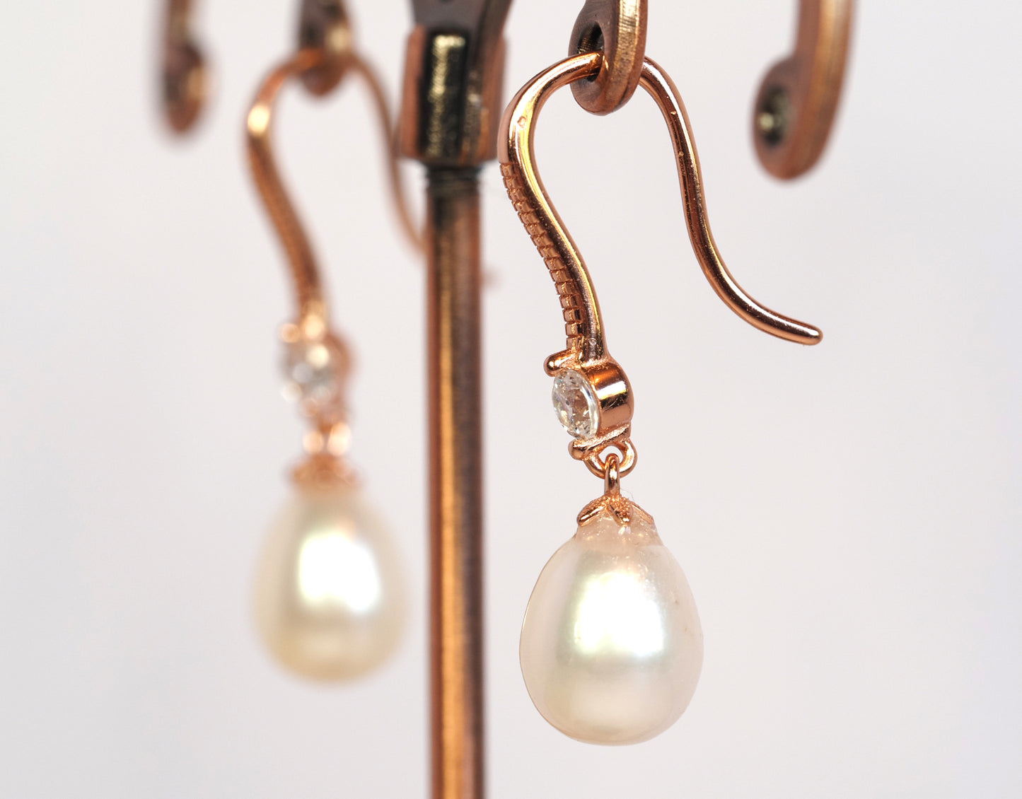 Rose Gold Pearl Drop Earrings | 925 Sterling Silver | Cubic Zirconia and Freshwater Pearl | Bridal Earrings