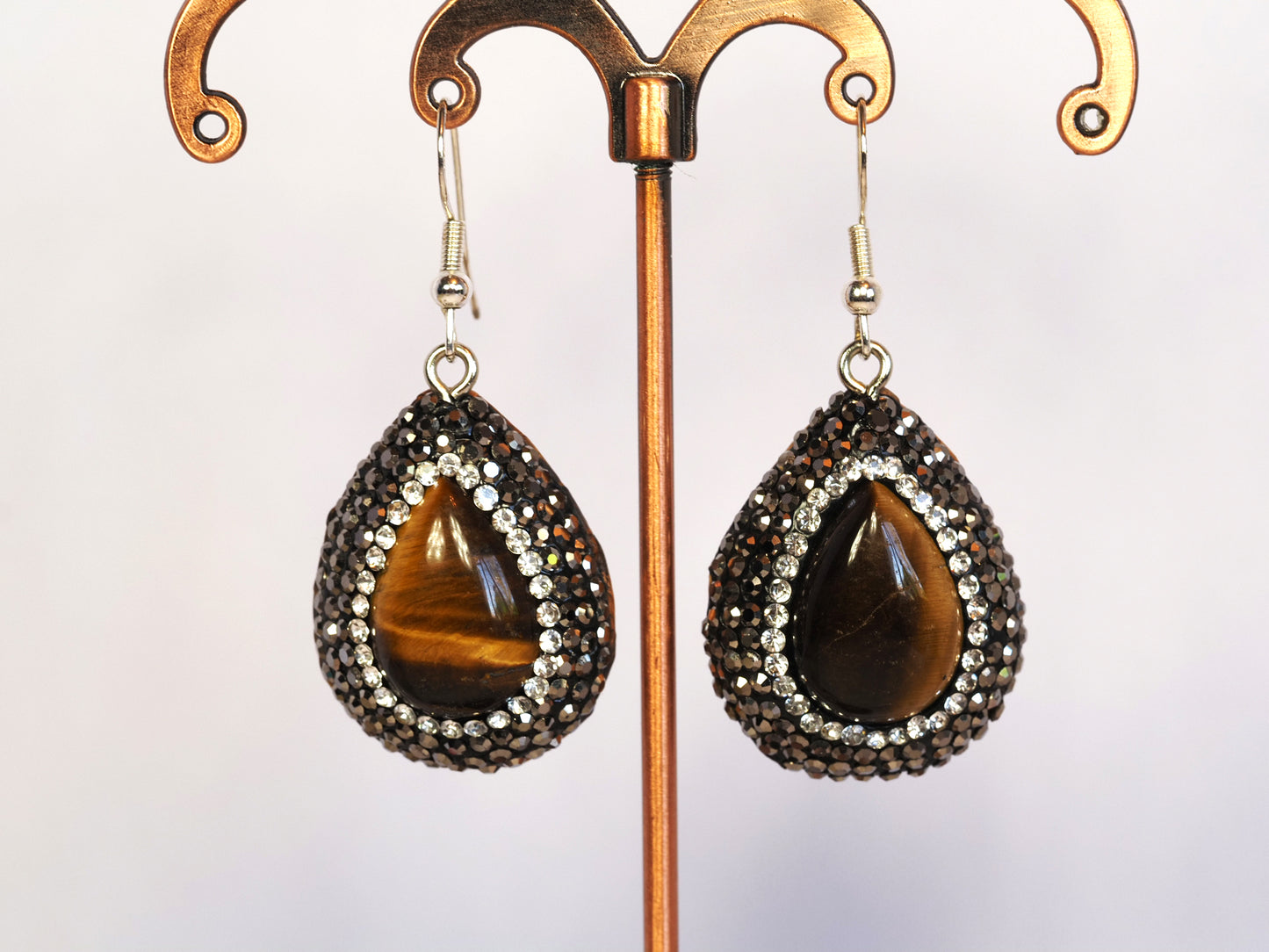 Tiger's Eye and Crystal Pavé Teardrop Earrings | Sterling Silver | Boho Statement 3cm drop Earrings
