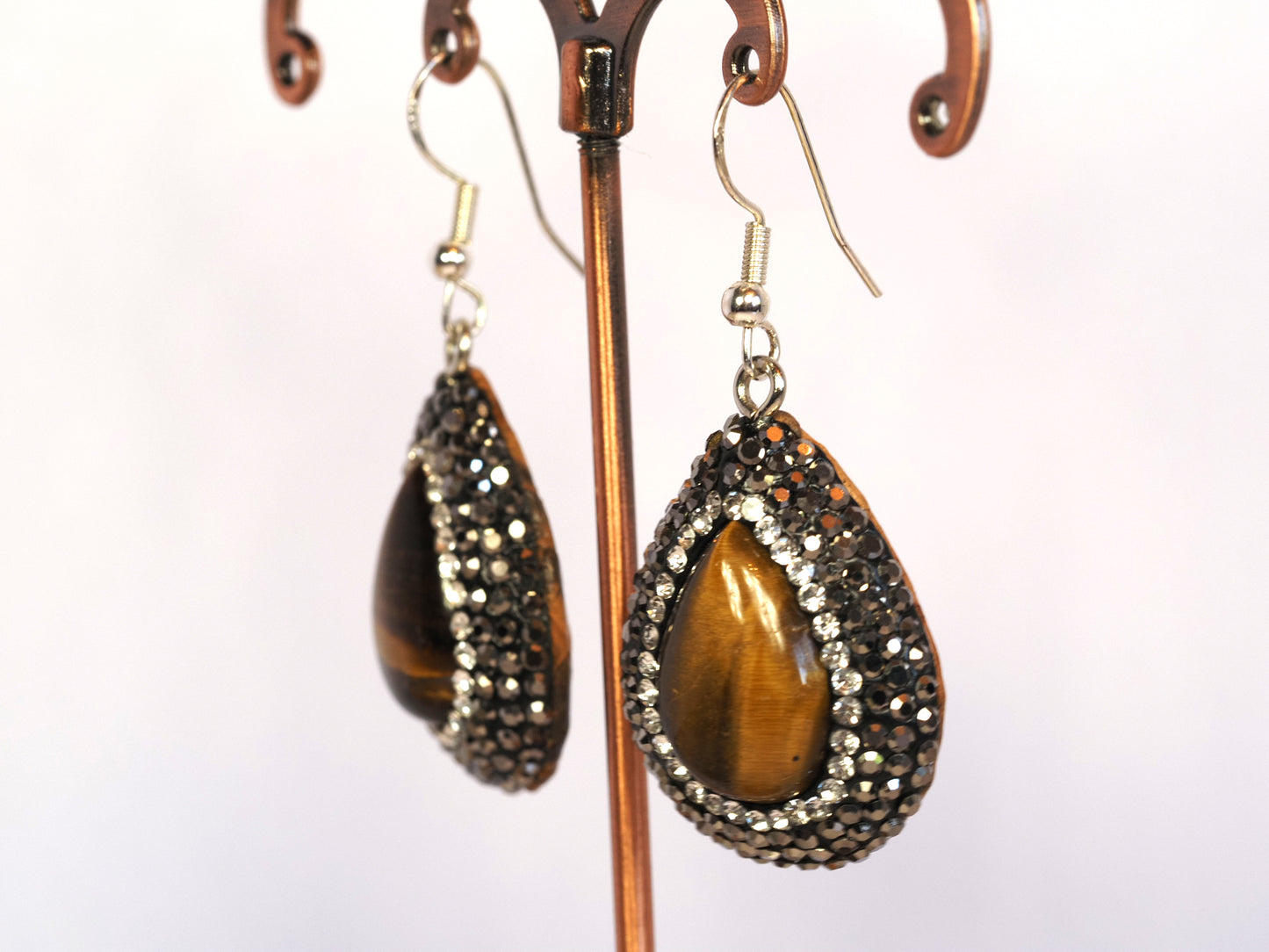 Tiger's Eye and Crystal Pavé Teardrop Earrings | Sterling Silver | Boho Statement 3cm drop Earrings