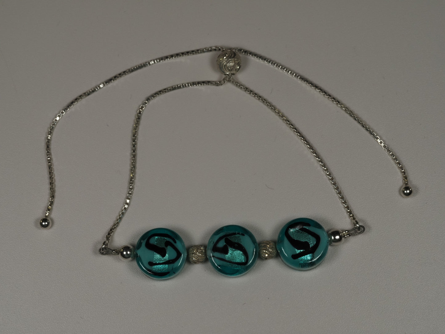 Murano Glass and Sterling Silver Slider Bracelet | Verde Marino Caramella Pastiglia Beads | Handmade Italian Glass Bracelet