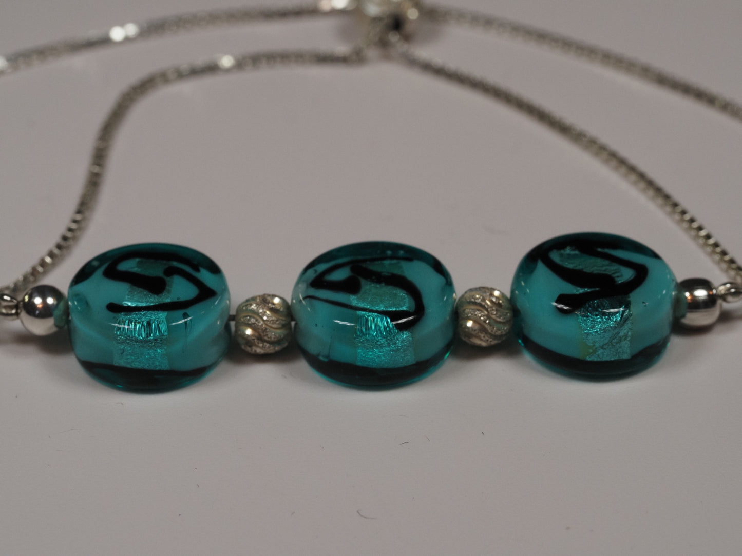 Murano Glass and Sterling Silver Slider Bracelet | Verde Marino Caramella Pastiglia Beads | Handmade Italian Glass Bracelet