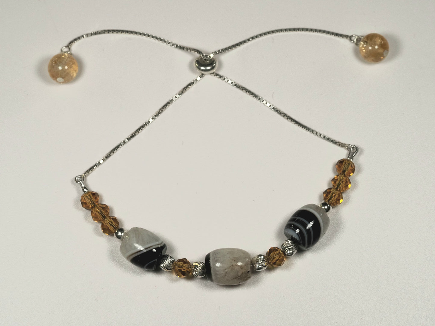 Banded Agate and Genuine Amber Slider Bracelet | Sterling Silver | Adjustable | Handmade Gemstone Bracelet