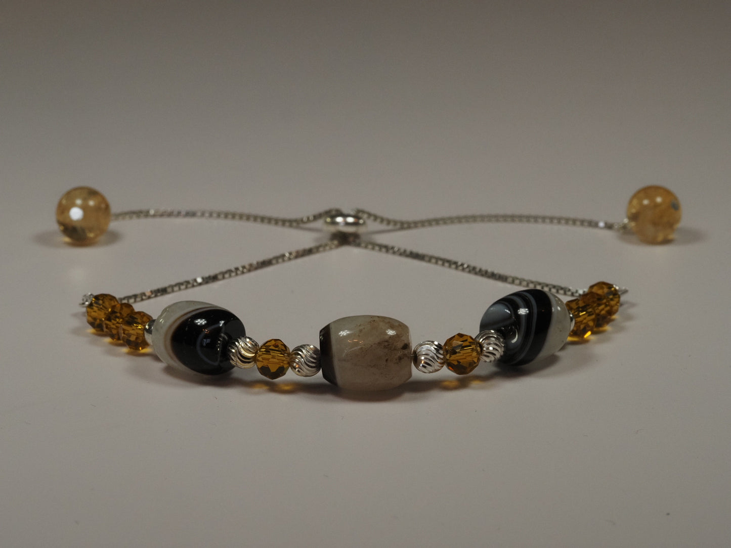 Banded Agate and Genuine Amber Slider Bracelet | Sterling Silver | Adjustable | Handmade Gemstone Bracelet