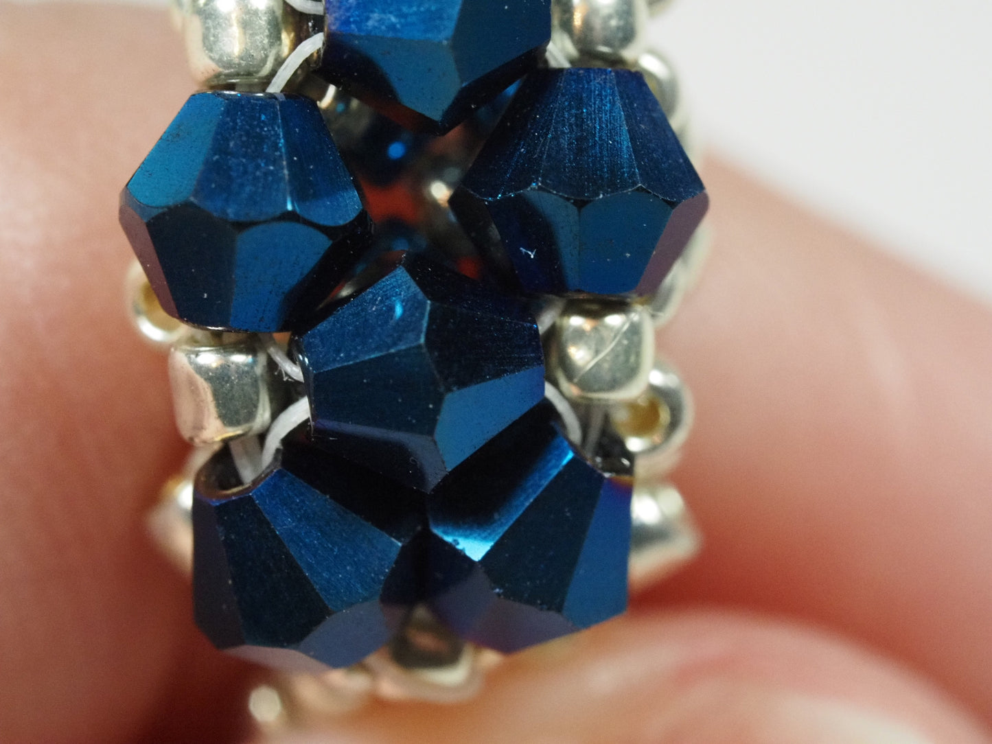 Royal Blue Crystal Cocktail Ring | Silver Seed Bead Band | Statement Ring | Handmade Beaded Ring