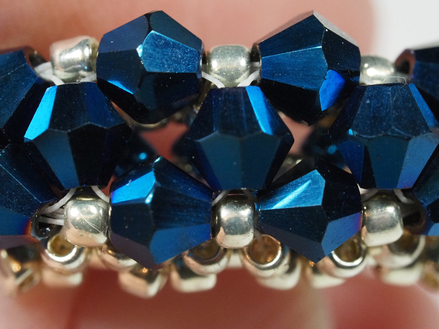 Royal Blue Crystal Cocktail Ring | Silver Seed Bead Band | Statement Ring | Handmade Beaded Ring