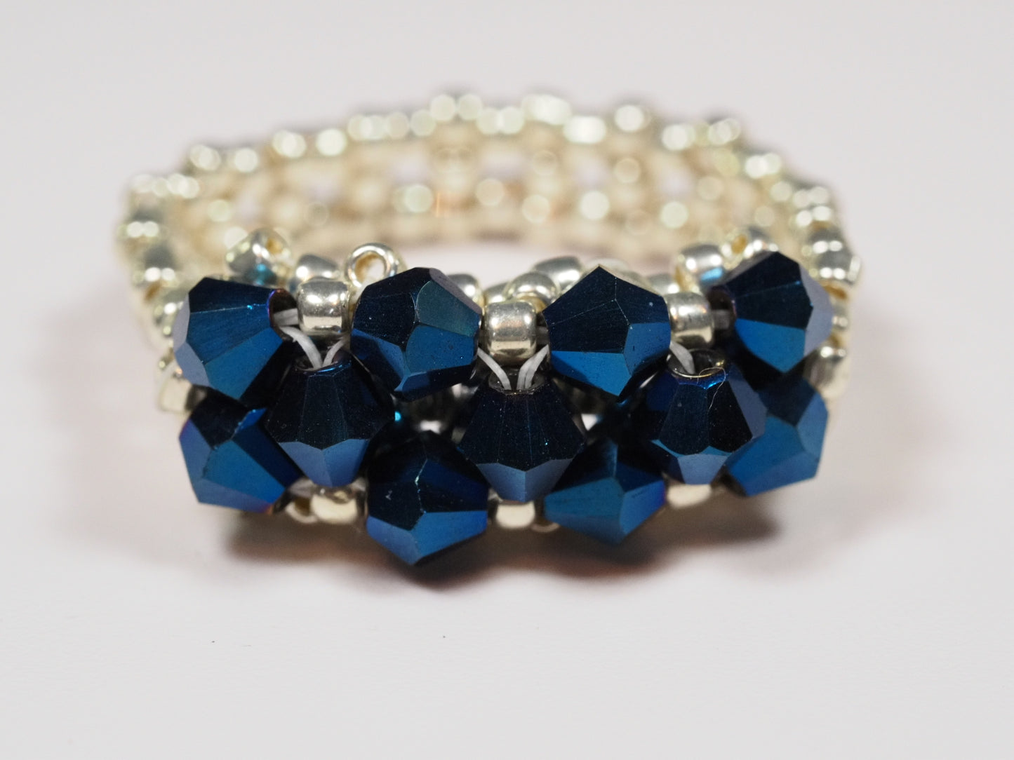 Royal Blue Crystal Cocktail Ring | Silver Seed Bead Band | Statement Ring | Handmade Beaded Ring