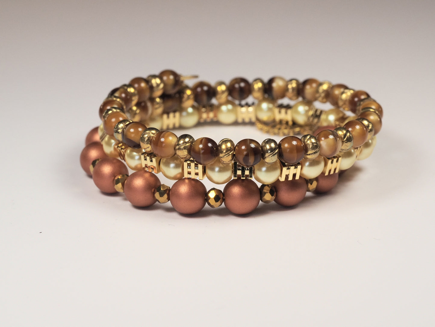 Tree of Life Memory Wire Stack Bracelet | Warm Gold & Pearl Beads | Handmade Multi-Strand Bracelet