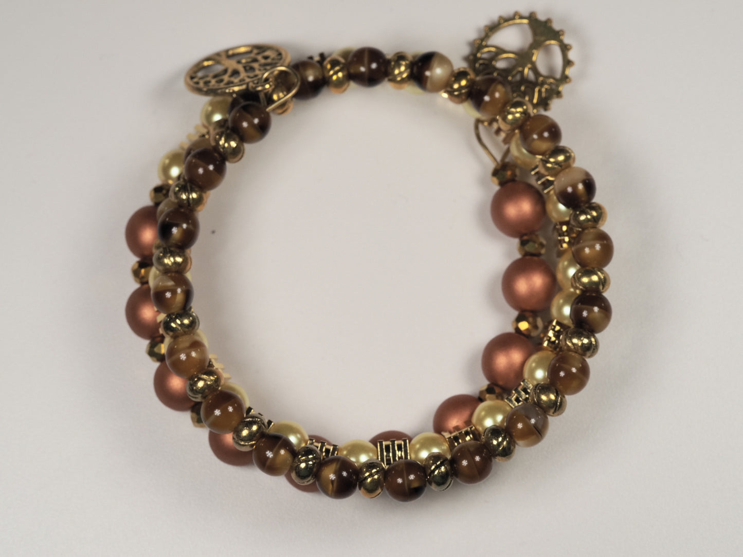 Tree of Life Memory Wire Stack Bracelet | Warm Gold & Pearl Beads | Handmade Multi-Strand Bracelet