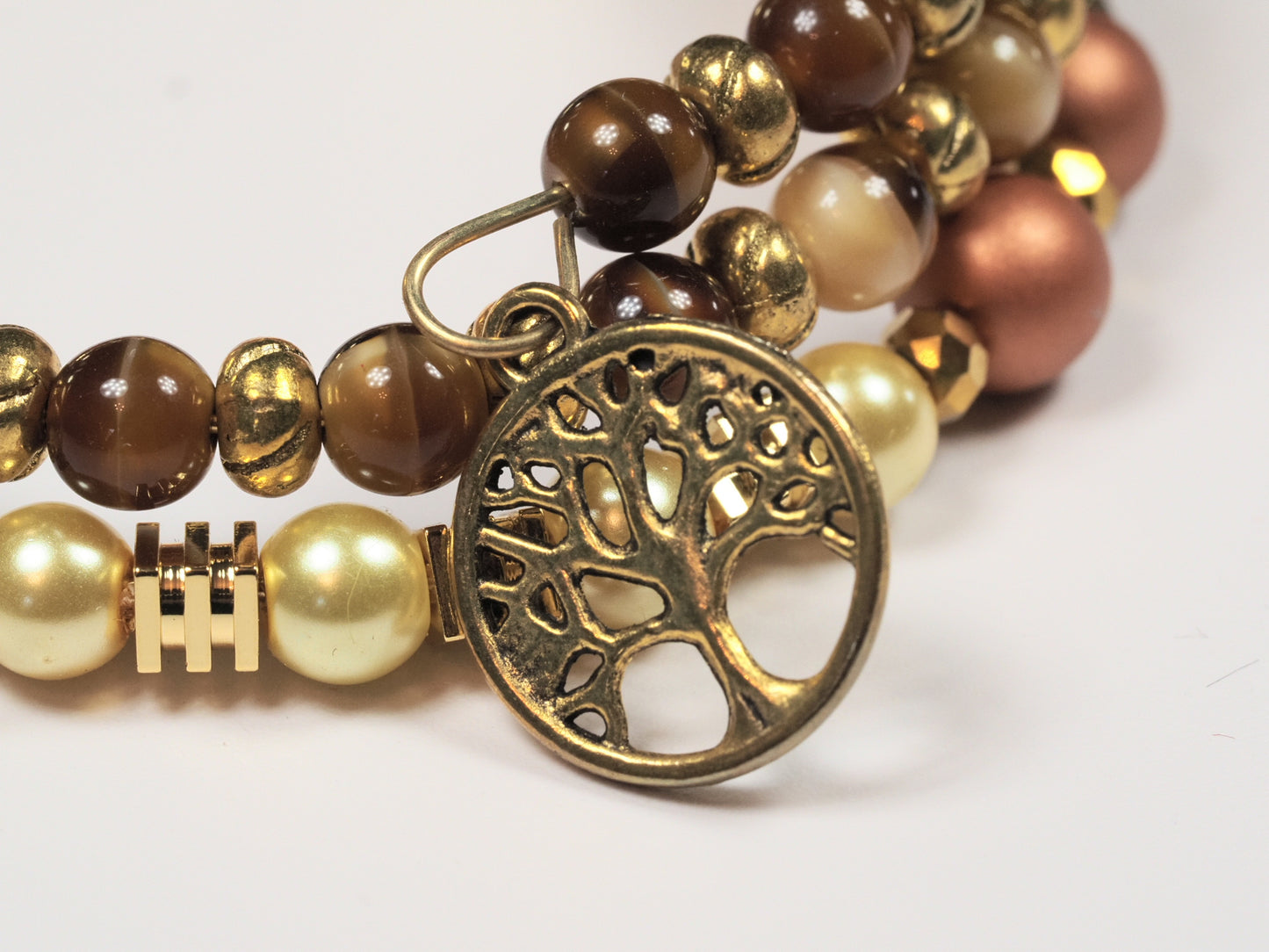 Tree of Life Memory Wire Stack Bracelet | Warm Gold & Pearl Beads | Handmade Multi-Strand Bracelet