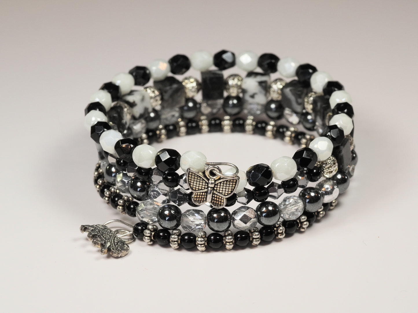 Black and White Memory Wire Stack Bracelet | Butterfly and Elephant Charms | Handmade Multi-Strand Bracelet