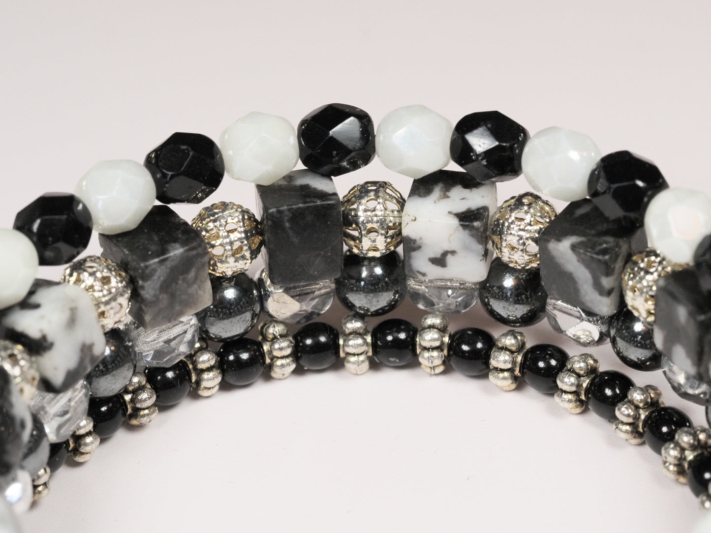 Black and White Memory Wire Stack Bracelet | Butterfly and Elephant Charms | Handmade Multi-Strand Bracelet
