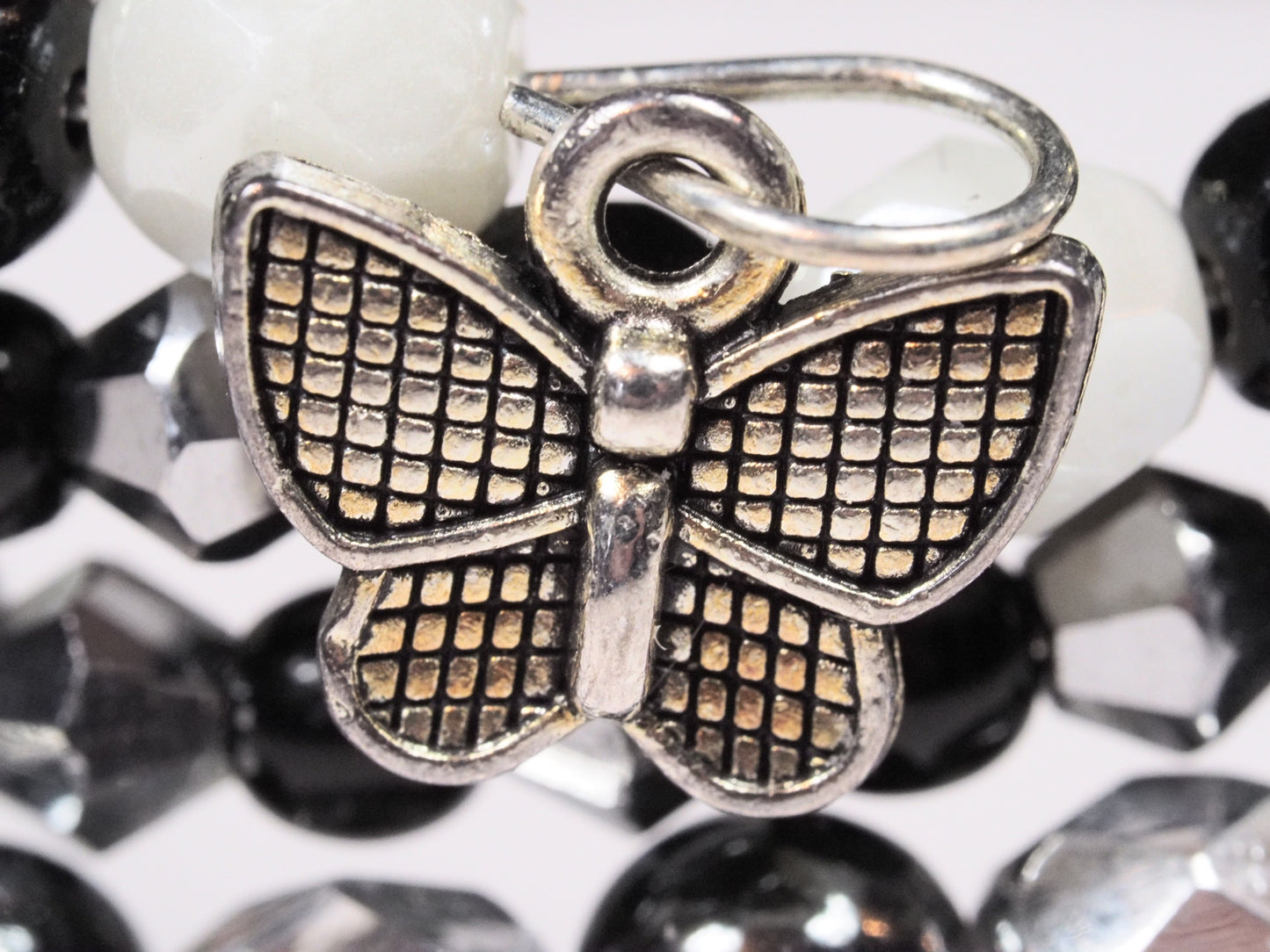 Black and White Memory Wire Stack Bracelet | Butterfly and Elephant Charms | Handmade Multi-Strand Bracelet