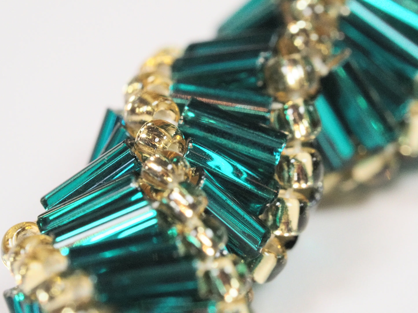 Art Deco Beaded Bracelet | Teal and Gold Woven Bracelet | Bugle Bead Bracelet | 1920s Inspired | Handmade Statement Bracelet