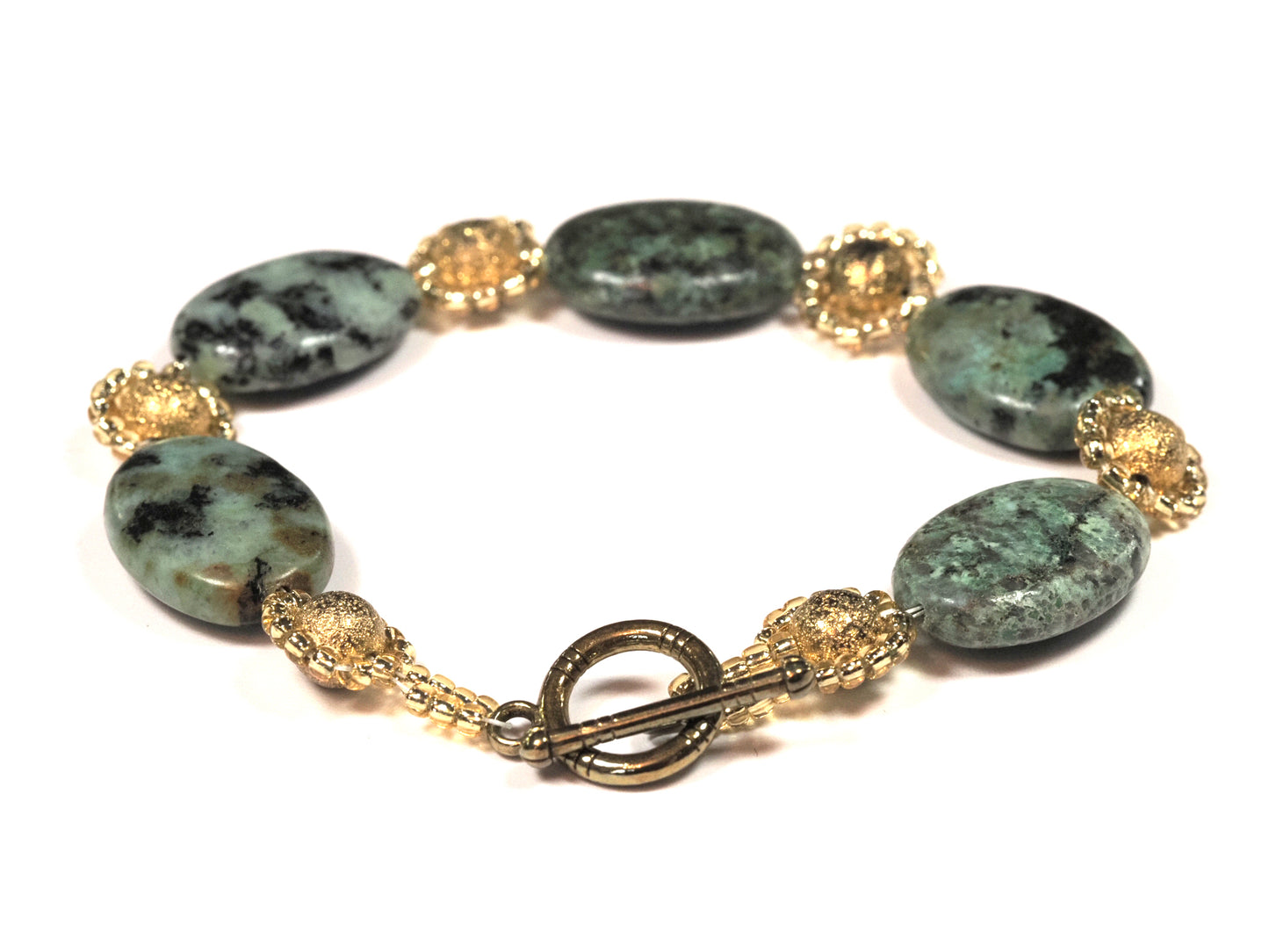 African Turquoise Jasper & Gold Bracelet | Semi Precious Stone | Gold Toggle Clasp | Handmade Ladies Bracelet | Boho Luxury
