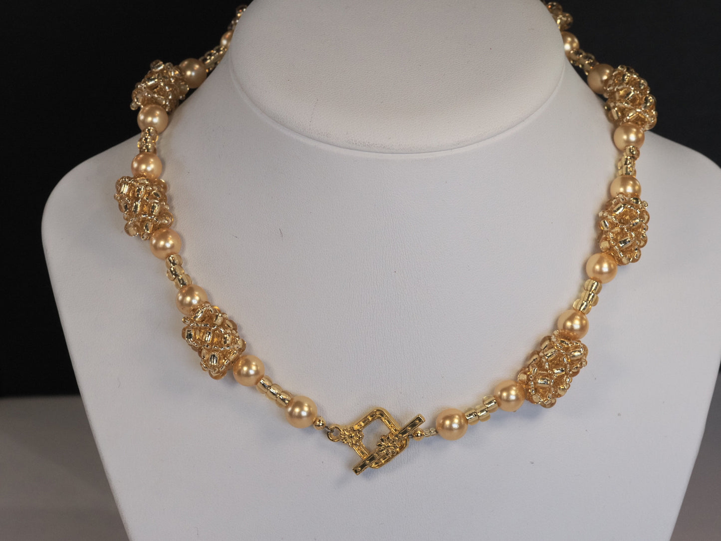 Gold Pearl and Seed Bead Station Necklace | Handwoven Bead Stations | Shell Pearls | Square Toggle Clasp | Handmade