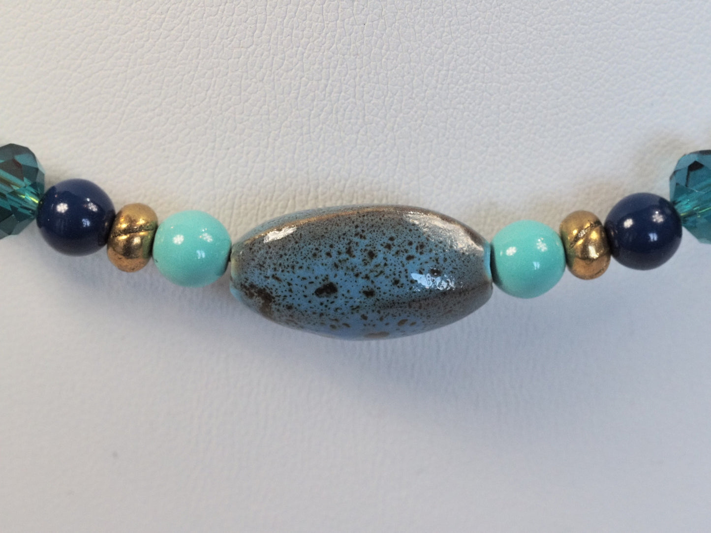 Blue Ceramic and Crystal Beaded Necklace | Turquoise Cobalt and Teal | Memory Wire | Gold Lobster Clasp | Handmade