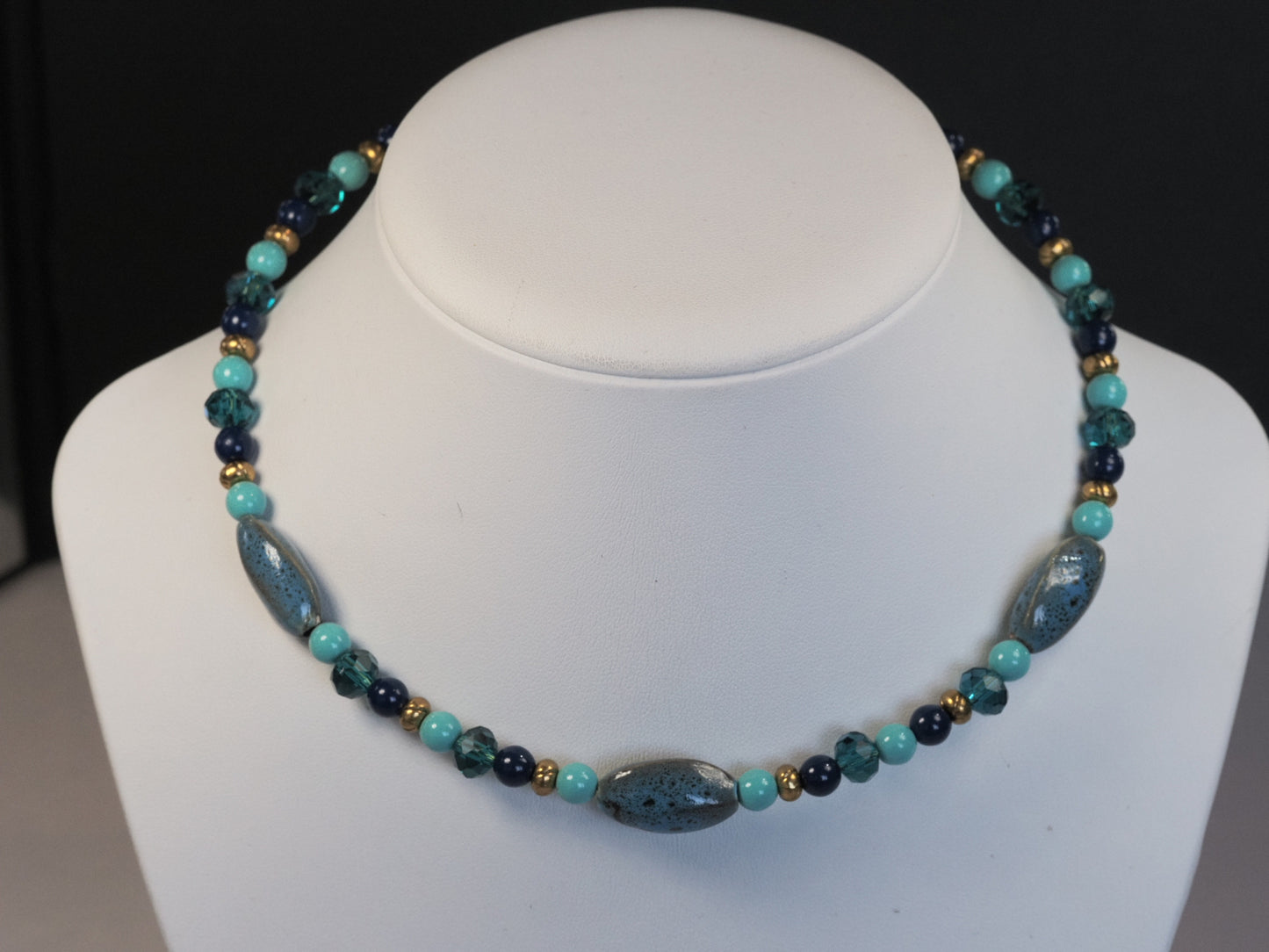 Blue Ceramic and Crystal Beaded Necklace | Turquoise Cobalt and Teal | Memory Wire | Gold Lobster Clasp | Handmade