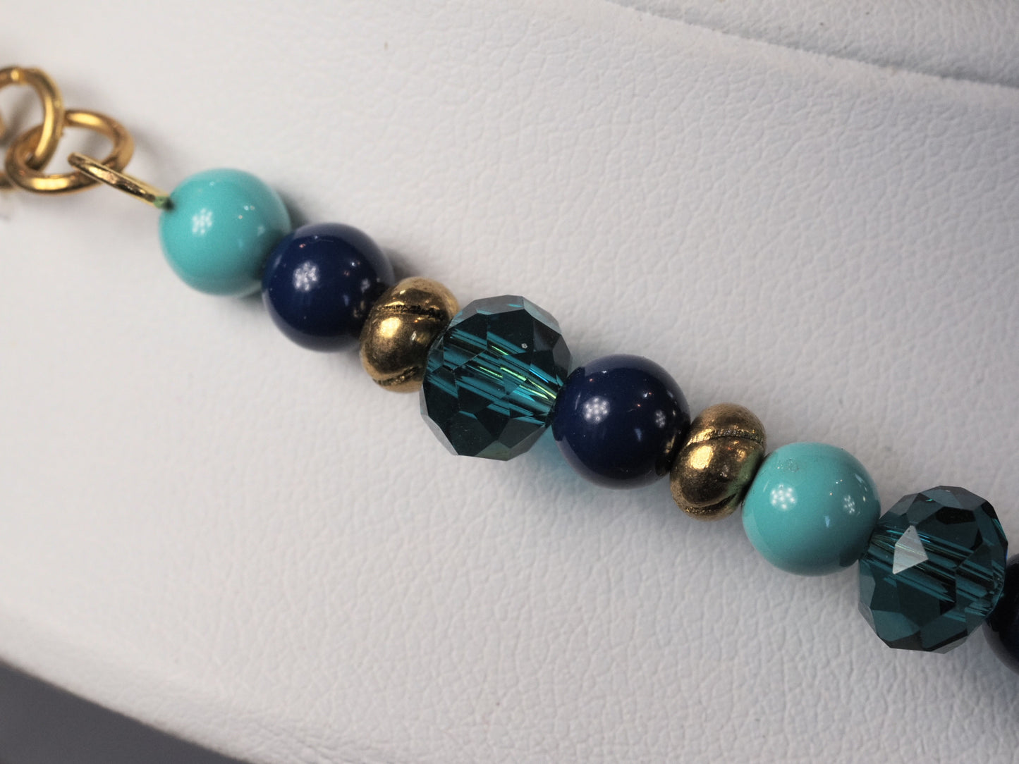 Blue Ceramic and Crystal Beaded Necklace | Turquoise Cobalt and Teal | Memory Wire | Gold Lobster Clasp | Handmade