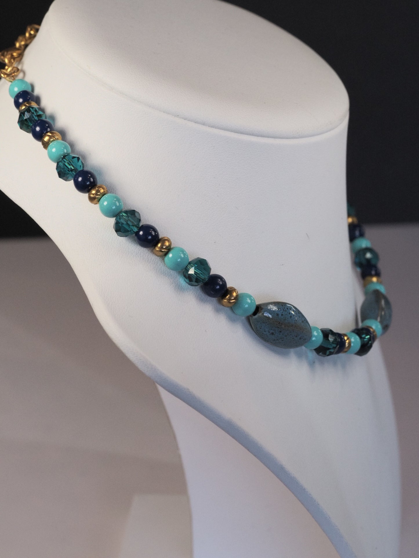 Blue Ceramic and Crystal Beaded Necklace | Turquoise Cobalt and Teal | Memory Wire | Gold Lobster Clasp | Handmade