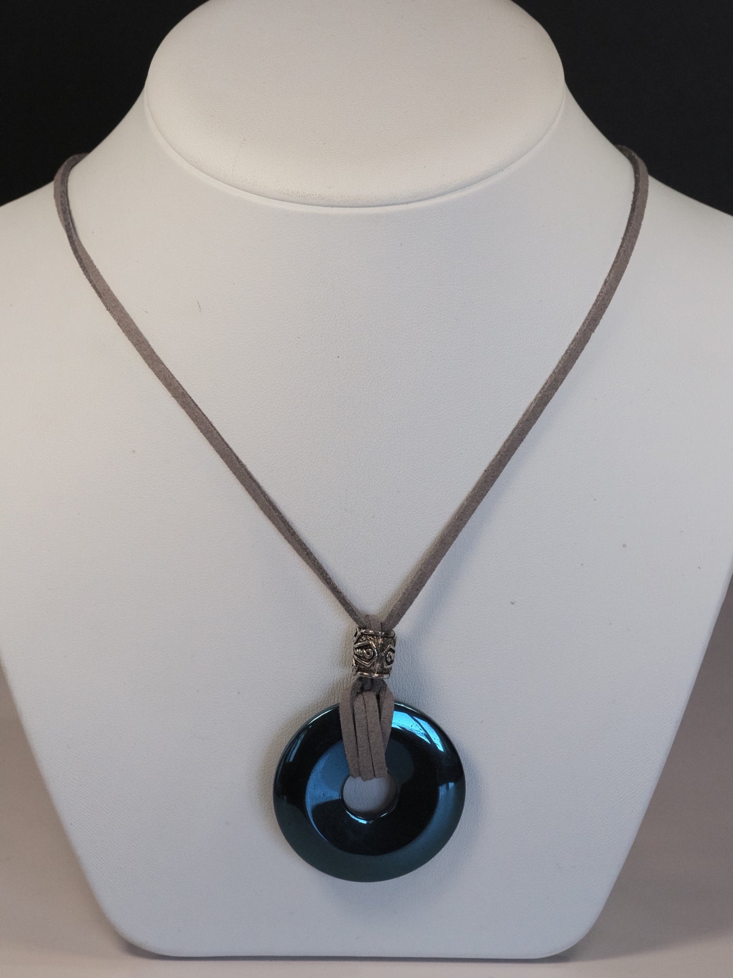 Teal Hematite Donut Pendant Necklace | Grey Suede Cord | Tibetan Silver | Adjustable 16-18 Inch | Handmade Boho Necklace