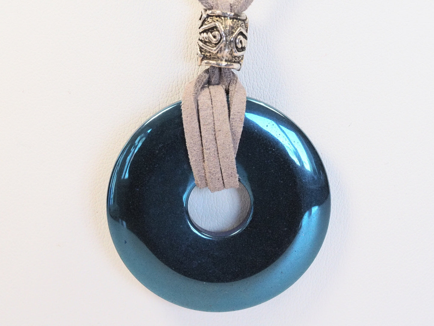 Teal Hematite Donut Pendant Necklace | Grey Suede Cord | Tibetan Silver | Adjustable 16-18 Inch | Handmade Boho Necklace