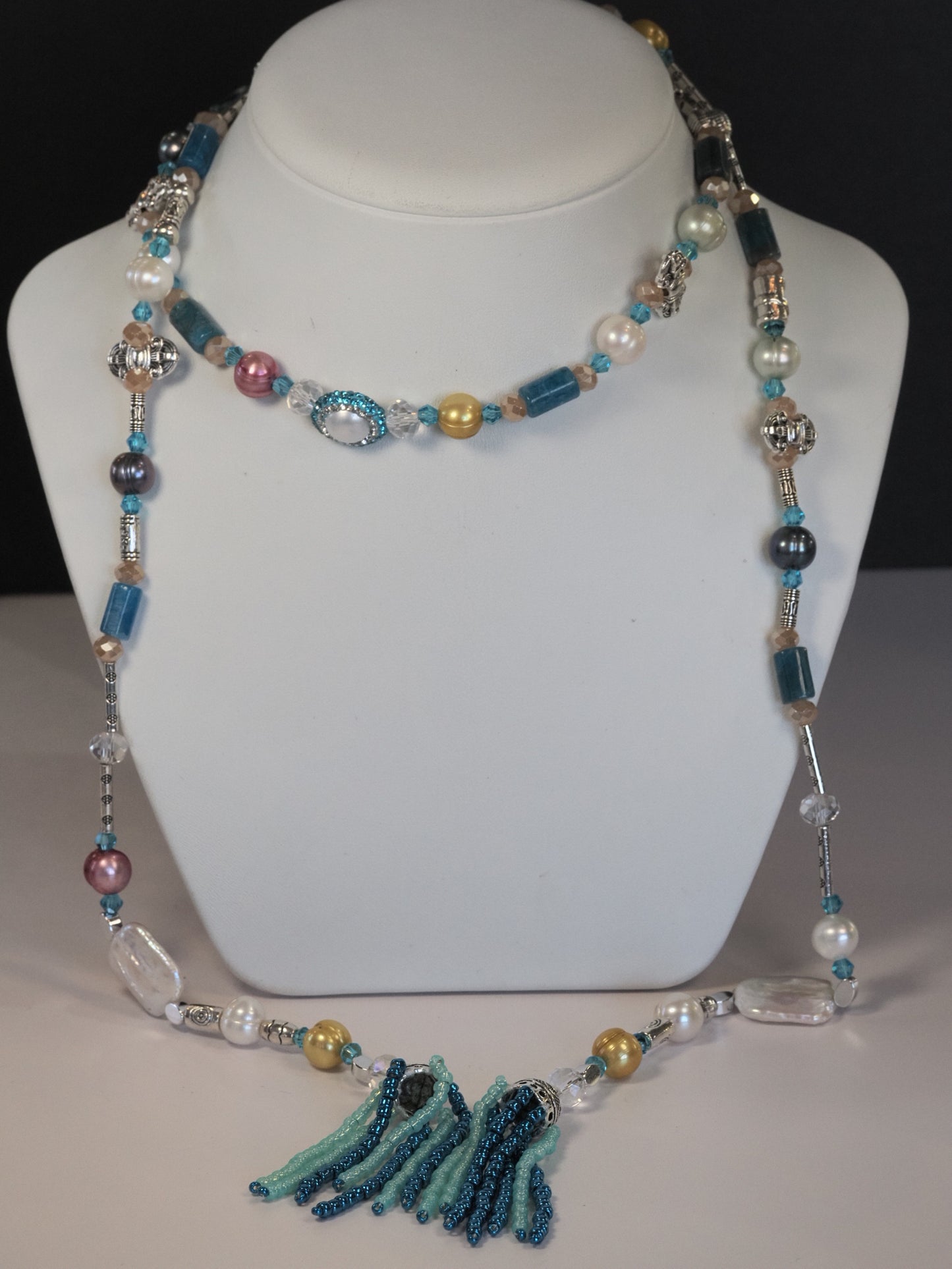 Long Beaded Lariat Wraparound Necklace | Keshi Pearls, Apatite & Crystal | Beaded Tassel Ends | Handmade Boho Luxury Statement Necklace