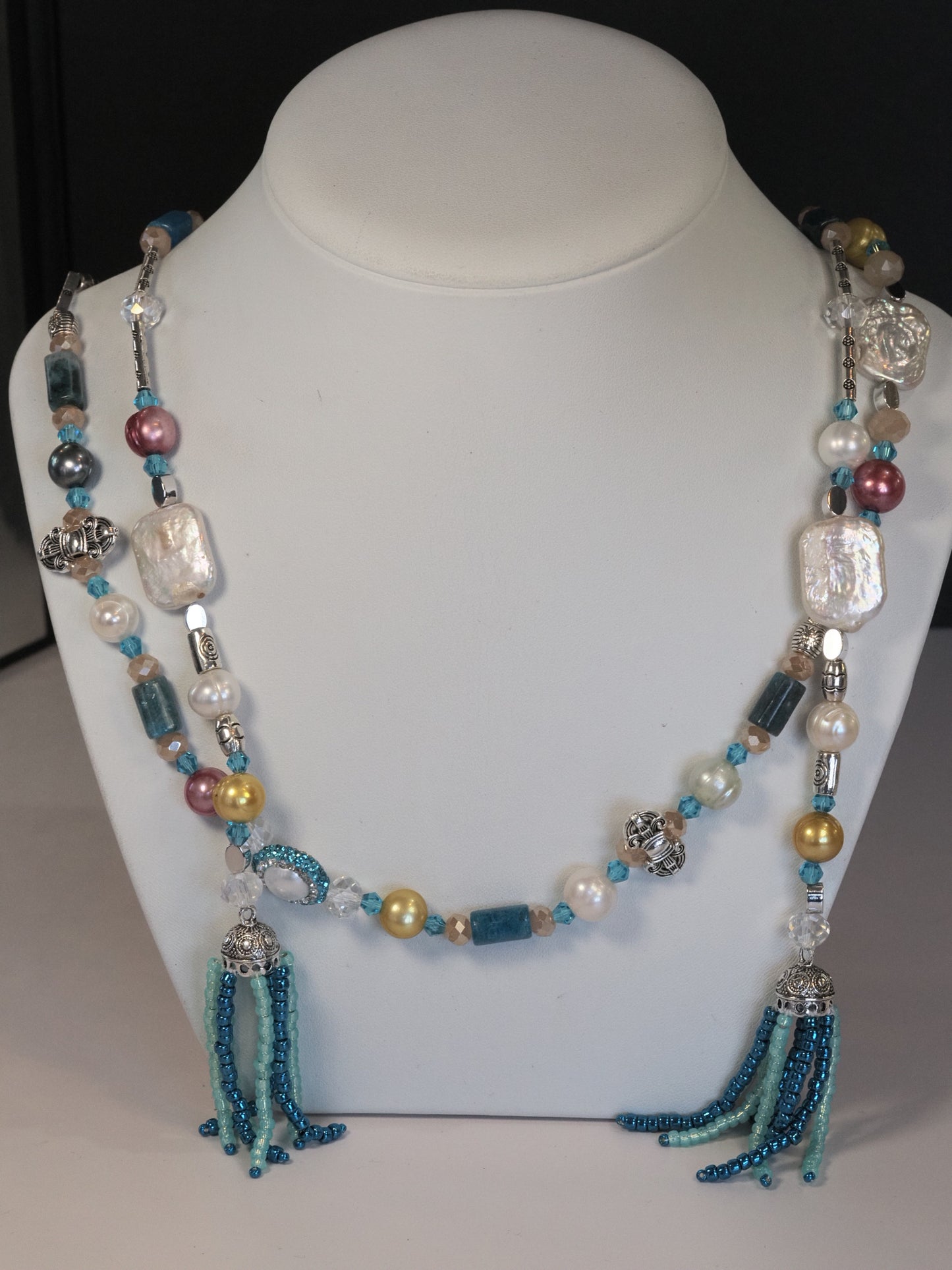 Long Beaded Lariat Wraparound Necklace | Keshi Pearls, Apatite & Crystal | Beaded Tassel Ends | Handmade Boho Luxury Statement Necklace