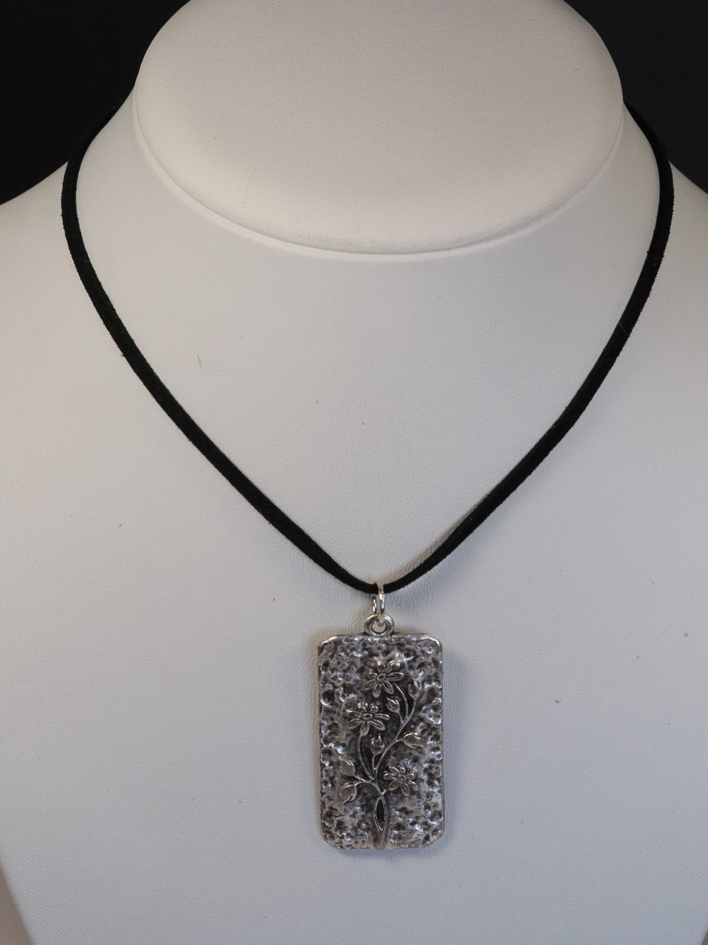Antique Silver Floral Pendant Necklace | Adjustable Black Cord | Hammered Rectangle | Handmade Boho Necklace