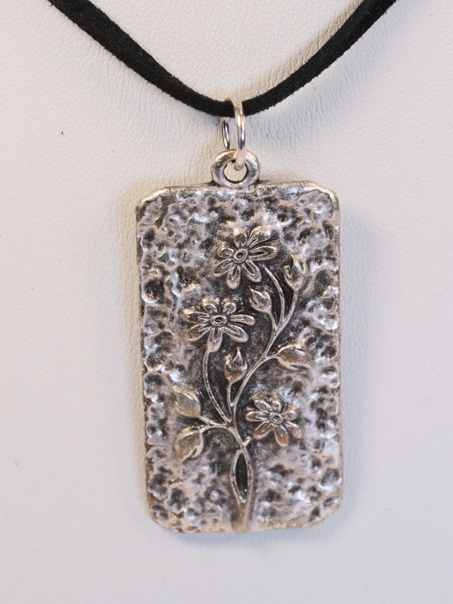 Antique Silver Floral Pendant Necklace | Adjustable Black Cord | Hammered Rectangle | Handmade Boho Necklace