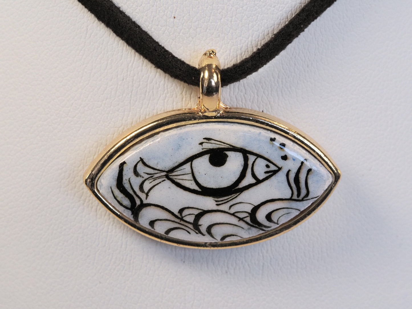 Hand Painted Evil Eye Pendant Necklace | 24kt Gold Plated | Ceramic | Adjustable Dark Cord | Handmade Boho Necklace