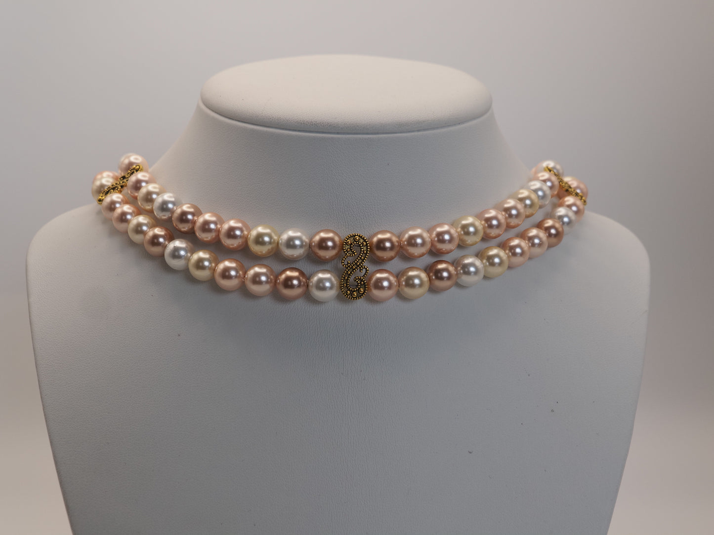 Double Strand Shell Pearl Choker | Blush Pink Cream and Ivory | Gold Scroll Connector | Handmade Bridal Necklace