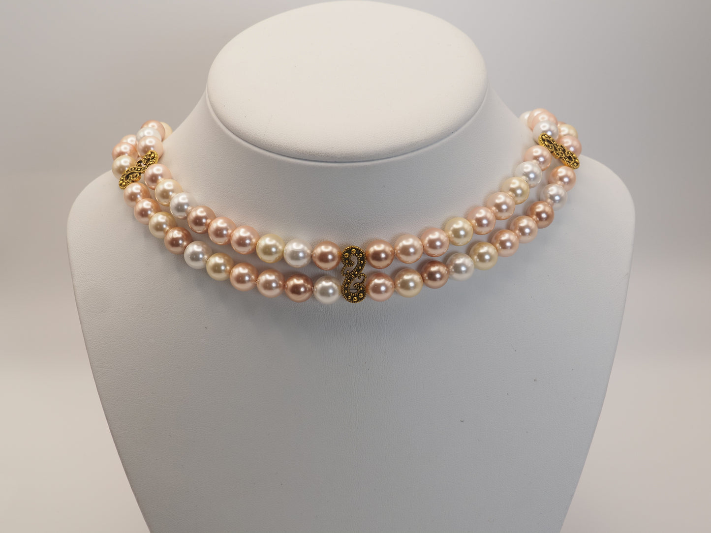 Double Strand Shell Pearl Choker | Blush Pink Cream and Ivory | Gold Scroll Connector | Handmade Bridal Necklace