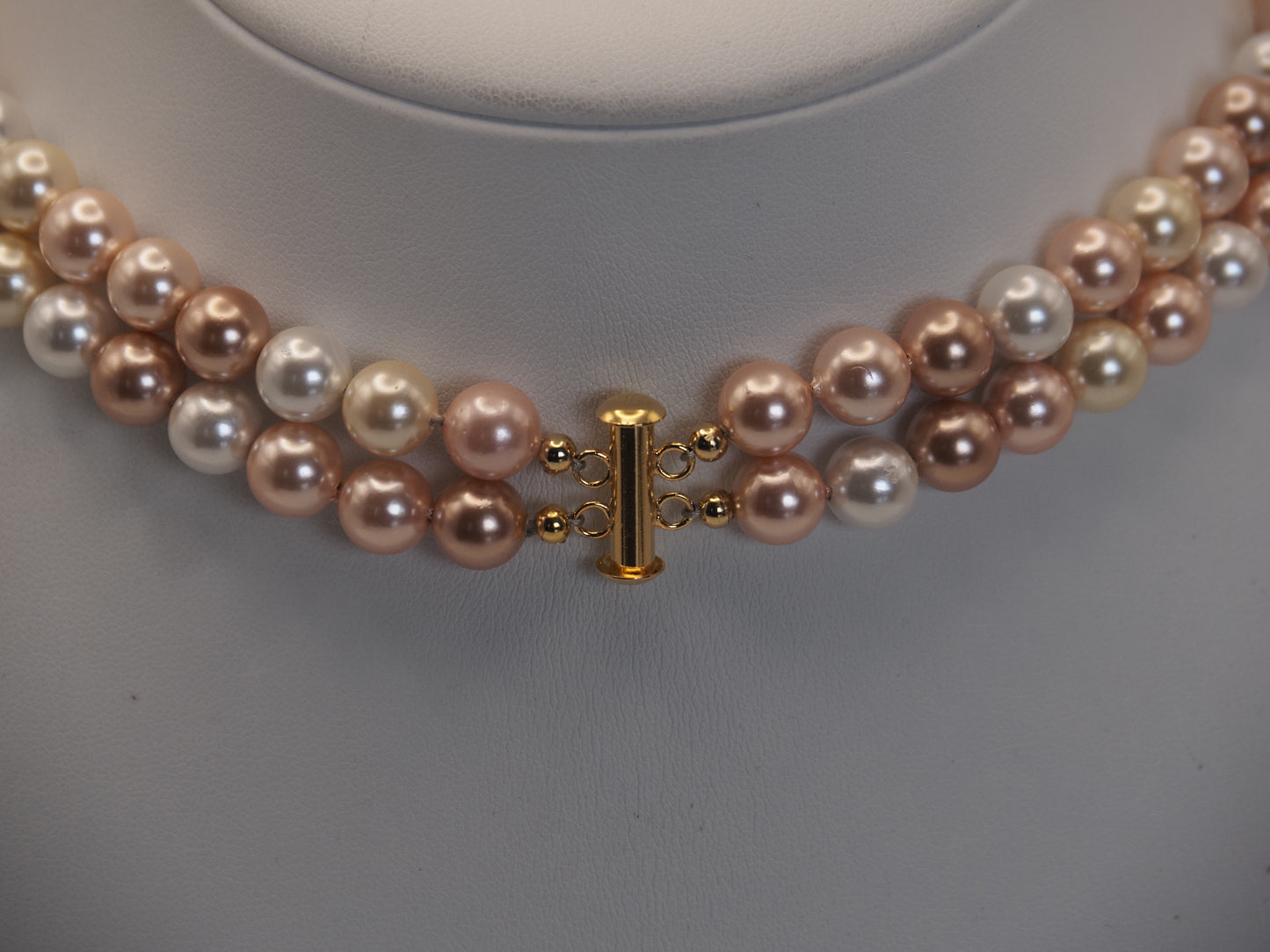 Double Strand Shell Pearl Choker | Blush Pink Cream and Ivory | Gold Scroll Connector | Handmade Bridal Necklace
