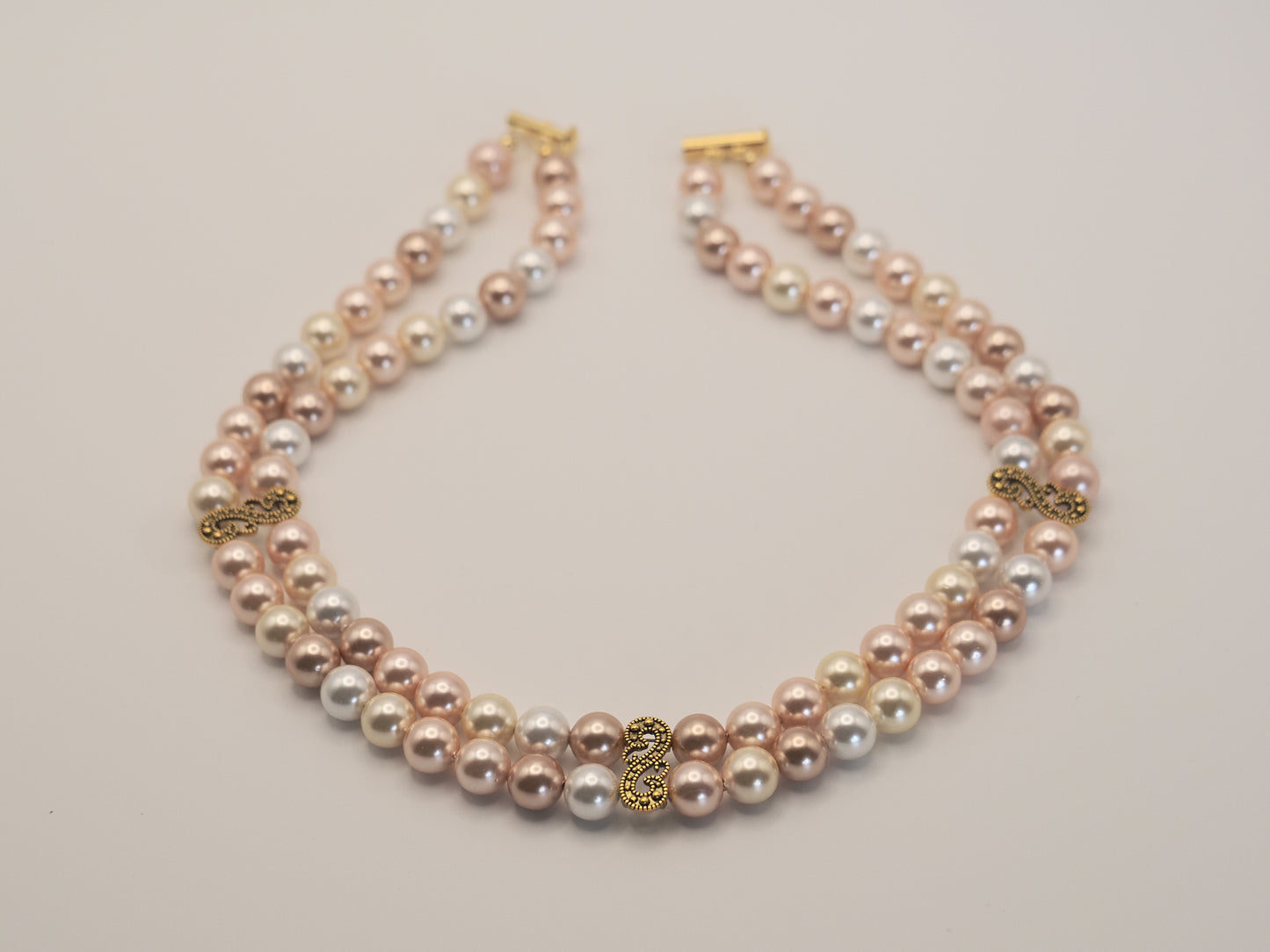 Double Strand Shell Pearl Choker | Blush Pink Cream and Ivory | Gold Scroll Connector | Handmade Bridal Necklace