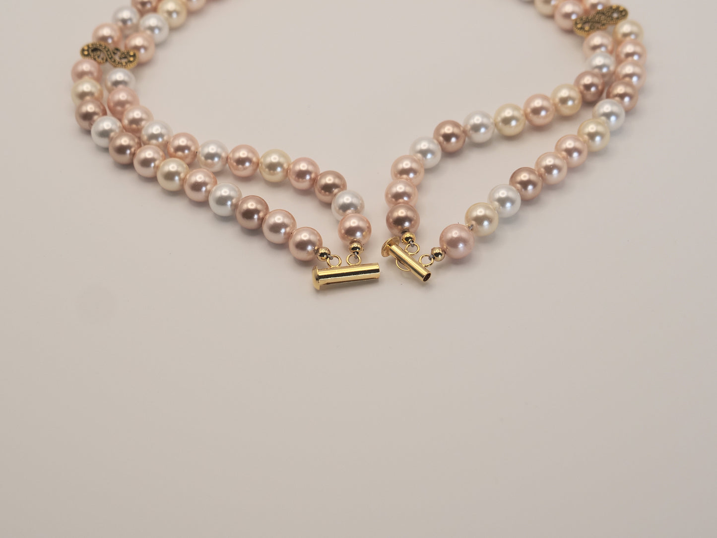 Double Strand Shell Pearl Choker | Blush Pink Cream and Ivory | Gold Scroll Connector | Handmade Bridal Necklace