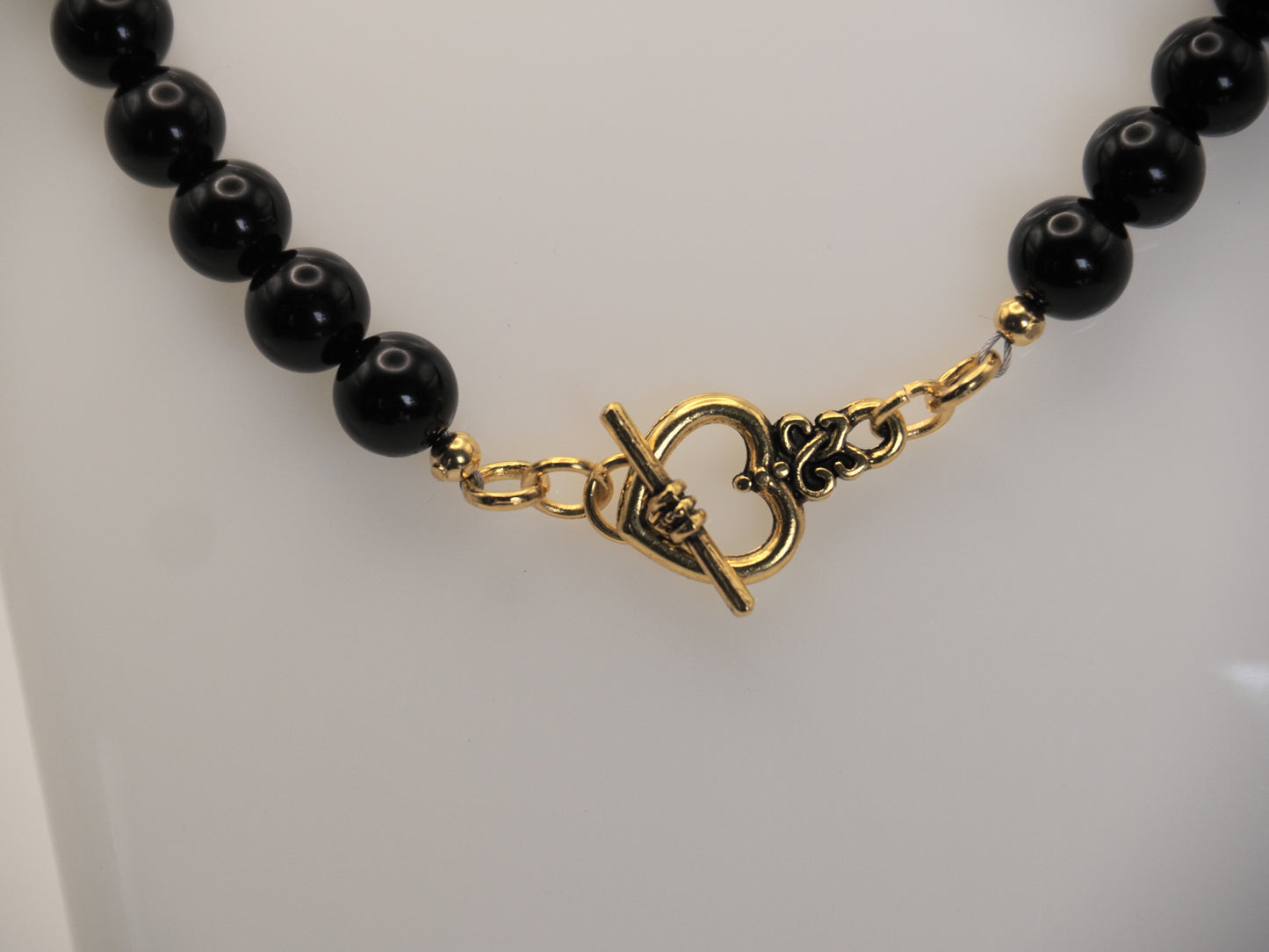 Black Onyx Bead Necklace | Gold Heart Toggle Clasp | 8mm Beads | 16 Inch | Handmade Gemstone Necklace