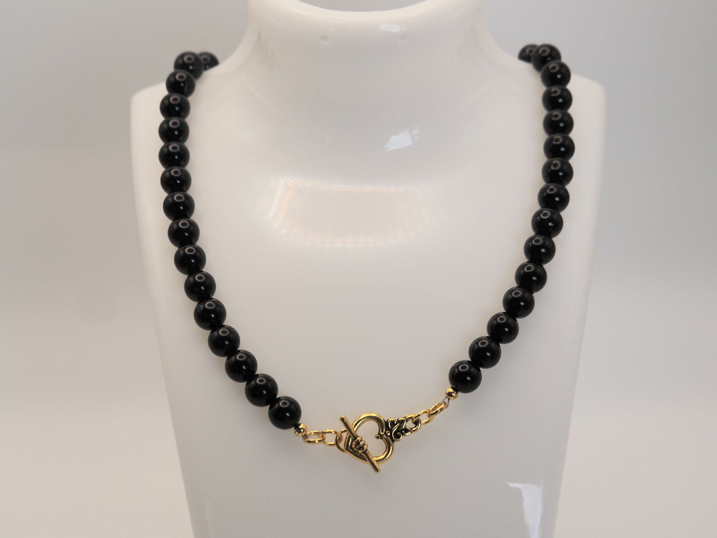Black Onyx Bead Necklace | Gold Heart Toggle Clasp | 8mm Beads | 16 Inch | Handmade Gemstone Necklace